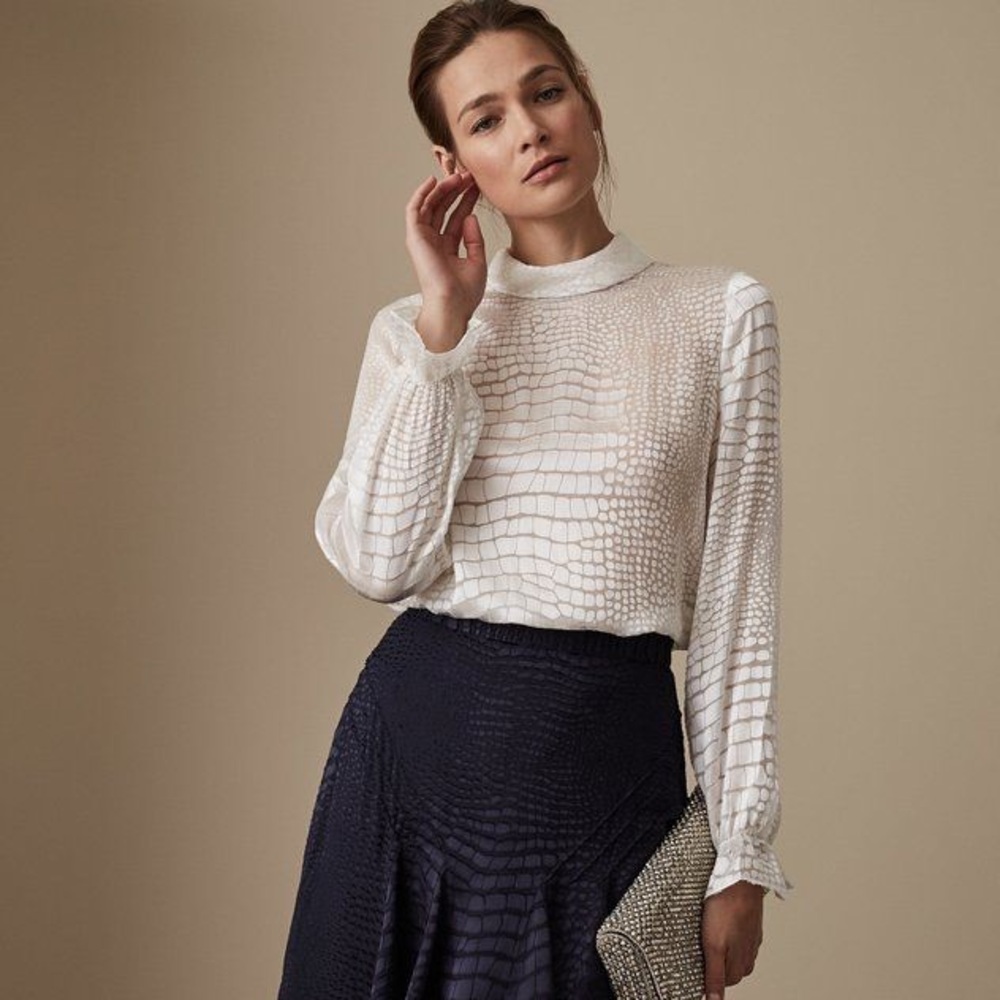 Reiss ivory long sleeve mock neck silk blouse (US 8/UK 12)
